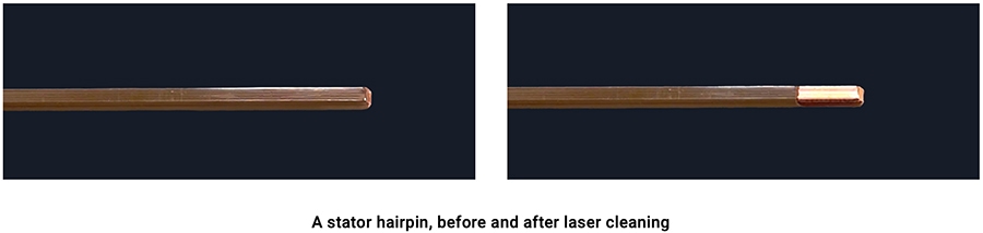 Ein Stator-Hairpin, vor und nach der Laserreinigung