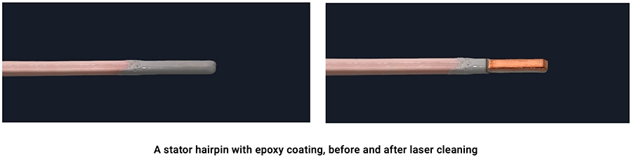 Ein Stator-Hairpin mit Epoxidbeschichtung, vor und nach der Laserreinigung